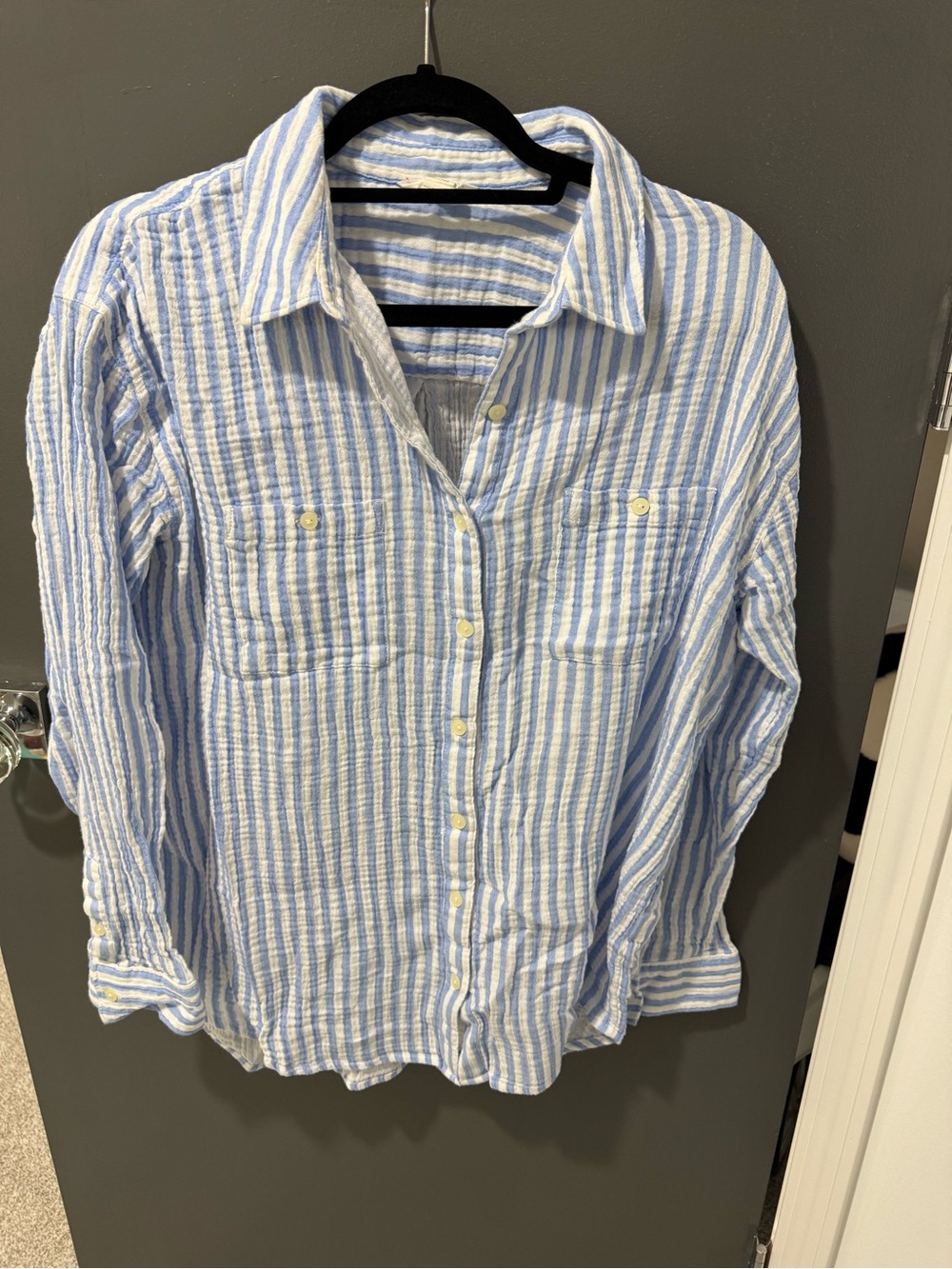 Caslon Blue and White Long-Sleeved Striped Women's Button-Front Top